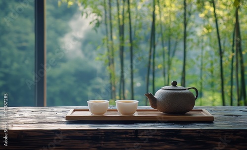 Serene tea setup with a teapot and cups against a tranquil bamboo backdrop in a peaceful garden during daylight photo