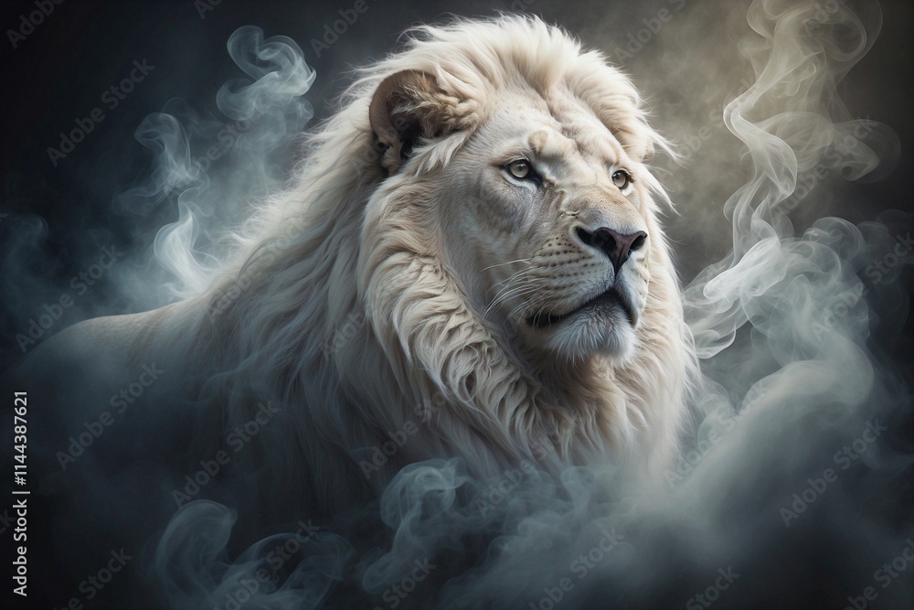Close-up of a White Lion Majestically Standing in Smoke, with White Highlights