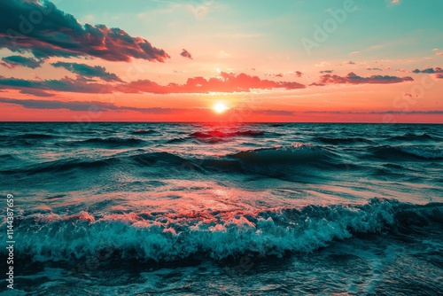 Windang Beach in New South Wales, Australia, is bathed in the bright red light of sunrise. photo