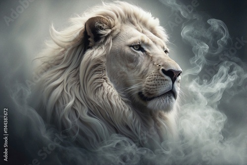 Close-up of a White Lion Majestically Standing in Smoke, with White Highlights