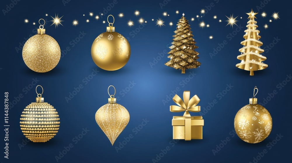 Glimmering Gold: Elegant Christmas Tree Ornaments and Gifts on Blue Background Glimmering Gold: Elegant Christmas Tree Ornaments and Gifts on Blue Background