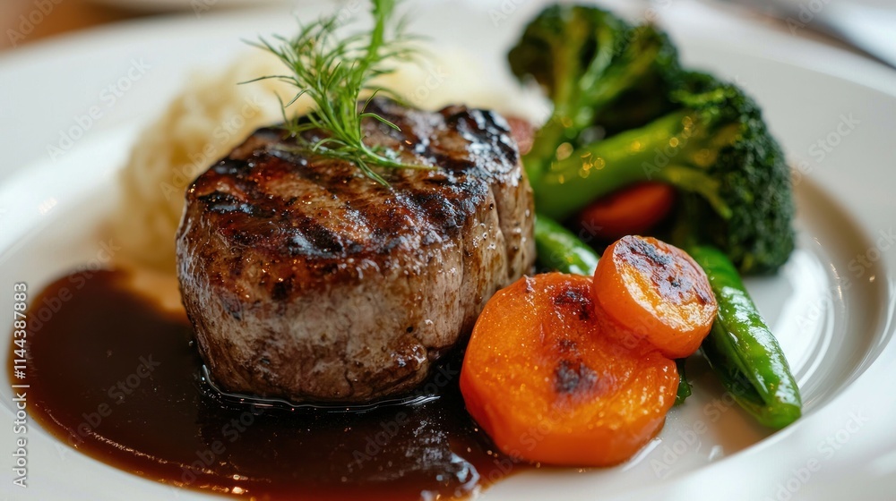 A close-up shot of a perfectly plated gourmet dish with vibrant vegetables and sauce A close-up shot of a perfectly plated gourmet dish with vibrant vegetables and sauce