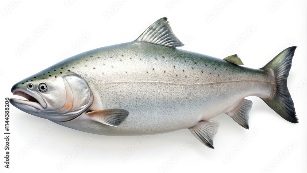AI-crafted salmon leaps; elegant rule-of-thirds composition on a pristine white canvas. AI-crafted salmon leaps; elegant rule-of-thirds composition on a pristine white canvas.