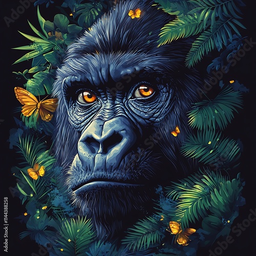 Dynamic scene showcasing a mighty gorilla in a powerful pose, surrounded by lush jungle foliage, vector graphic, black background ::2 primal strength, jungle king, intense gaze, untamed wilderness,  photo