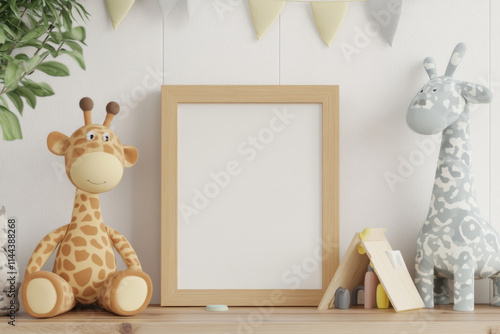 Square nursery art frame mockup, empty wooden frame on shelf in kids room interior. 