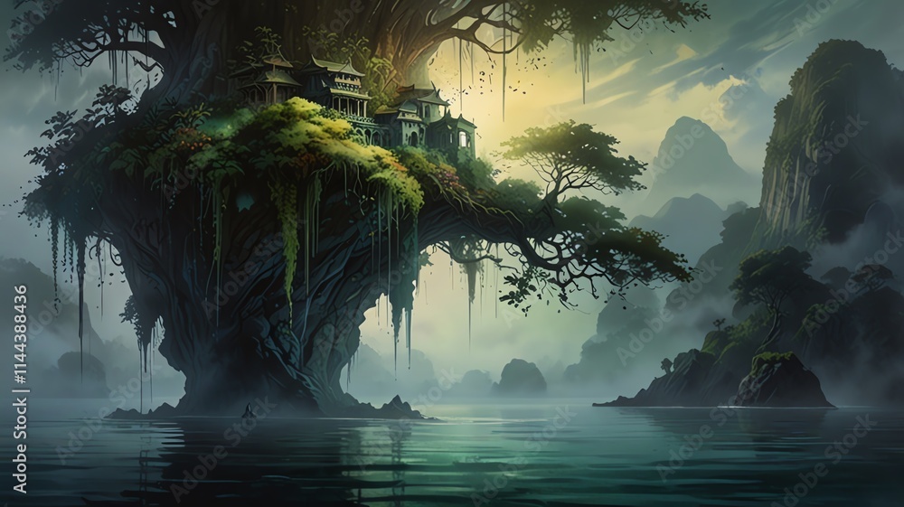 Fototapeta premium Here are a few options for a description of the AI-generated image, all under 200 characters:...**Option 1 (Focus on mystery):**..> Mystical treetop village nestled in a misty, tra