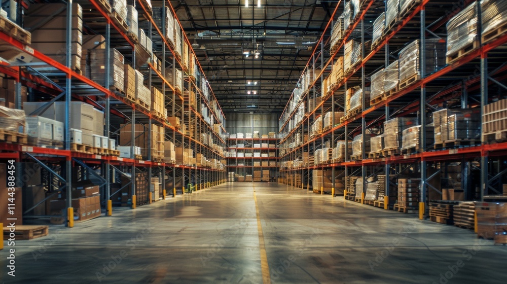 Large warehouse aisle with tall shelves filled with organized boxes Large warehouse aisle with tall shelves filled with organized boxes