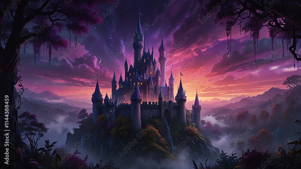 Naklejka premium Here are a few options for a description of the AI-generated image, under 200 characters:..**Option 1 (Focus on fantasy):**..> Majestic fantasy castle perched atop a misty mountain