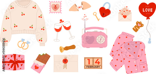 Cute set of romantic elements for Valentine's Day. Scrapbooking elements for Valentine's Day heart, prediction cookies, gift, Dubai chocolate, pajamas, love envelope. Vector illustrations 
