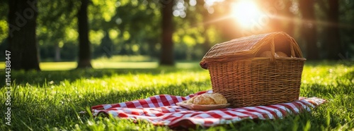 Picnic basket on a red and white checkered blanket under the sun in a serene ...