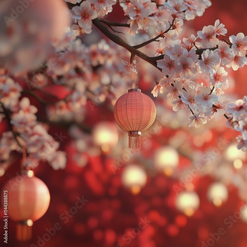 Lanterns glow softly among blooming cherry blossom branches during twilight i...