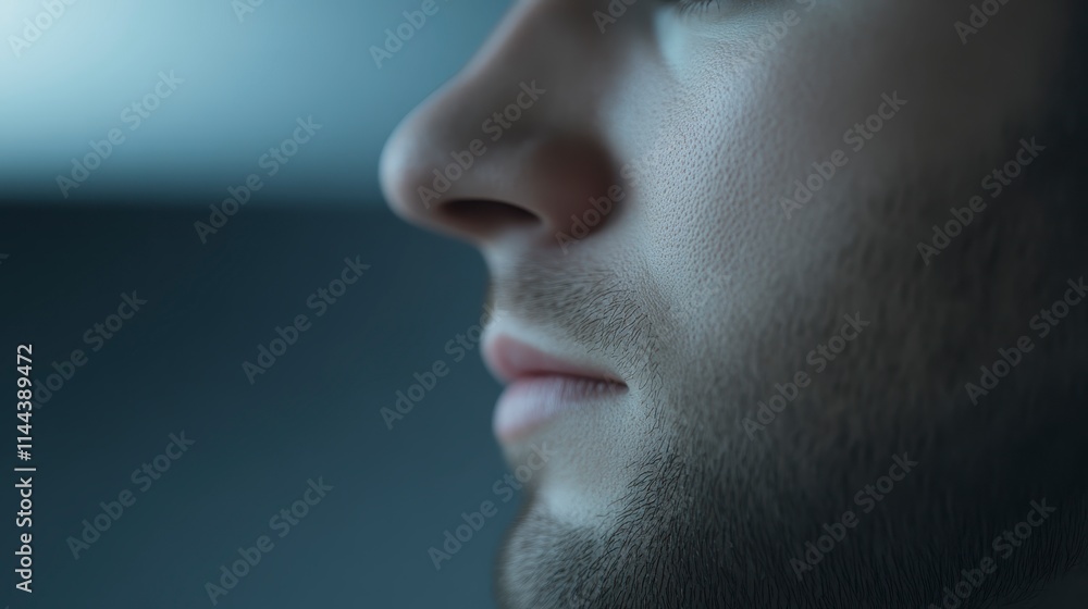 A close-up profile of a man's face, highlighting features such as his nose and lips against a softly lit background. A close-up profile of a man's face, highlighting features such as his nose and lips against a softly lit background.