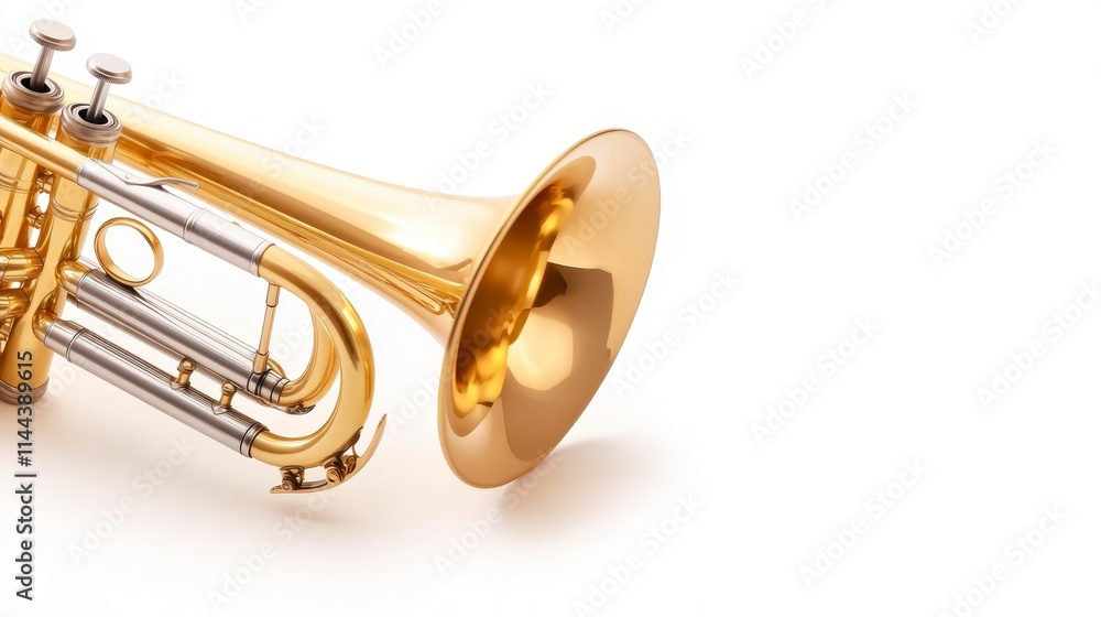 Obraz premium A shiny brass trumpet partially visible against a plain white background, showcasing its sleek design and intricate valves.