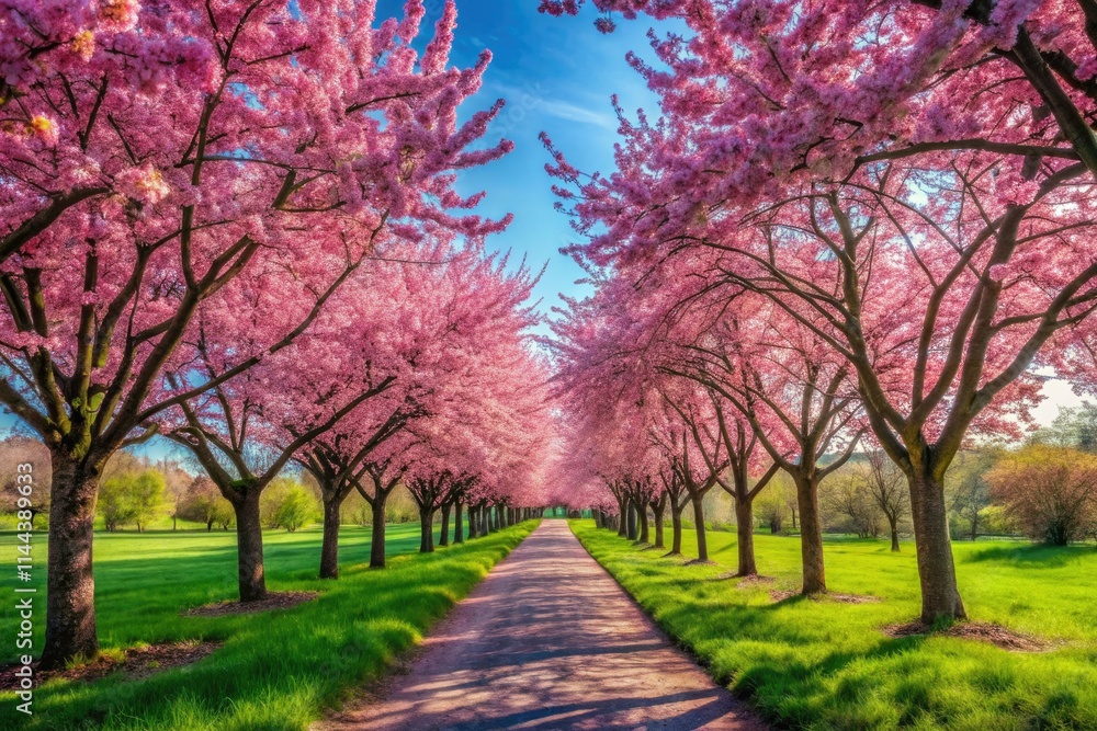 Naklejka premium A picturesque spring scene: delicate pink cherry blossoms paint the path beneath blossoming branches.