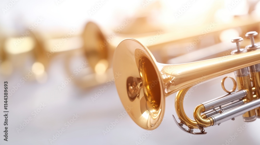 Obraz premium A close-up of shiny brass trumpets, showcasing their polished surfaces and intricate details, set against a soft, blurred background.