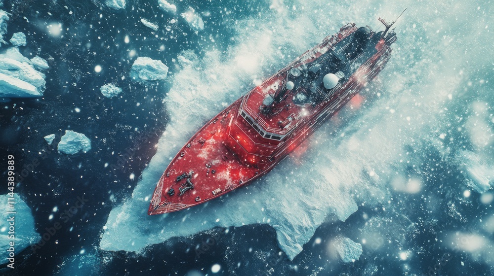 Fototapeta premium Icebreaker ship navigating through icy waters, surrounded by large icebergs and snow, creating waves under harsh