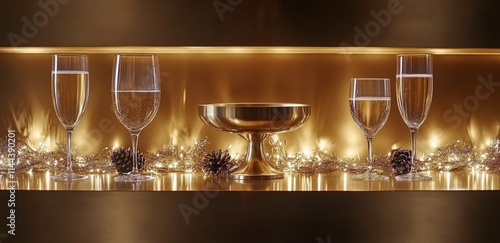 Sparkling champagne glasses against a glittering golden background, celebrati...