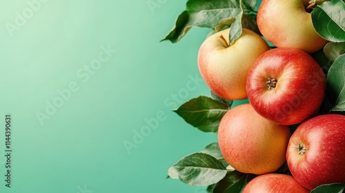 Wallpaper Mural An array of apples in various shades of red and yellow with green leaves, set against a soft green background. The image portrays freshness and natural abundance. Torontodigital.ca