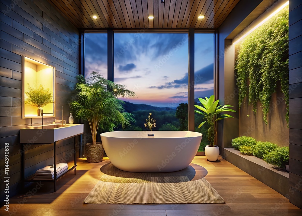 Fototapeta premium Modern Bathroom Night Photography: Freestanding Tub, Minimalist Design, Dark Ambiance, Luxury Bath, Interior Design, Night Lighting, Spa-Like Bathroom