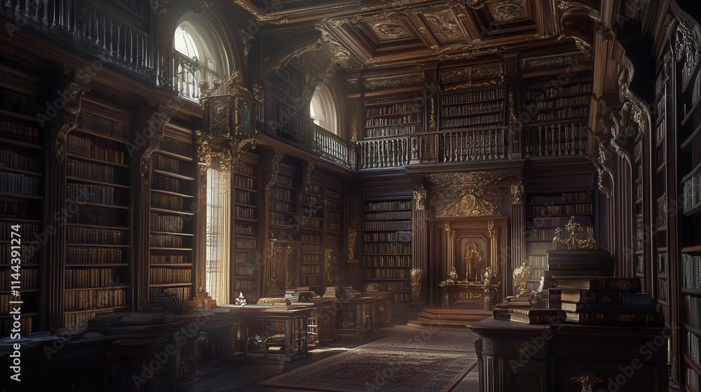 Majestic Interior of an Elegant Library with Antique Books and Decor Majestic Interior of an Elegant Library with Antique Books and Decor