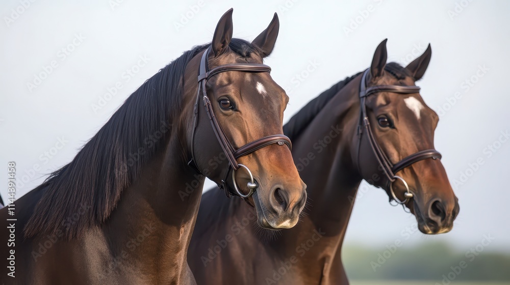 Two elegant horses stand side by side, showcasing their beauty and grace against a soft background. Two elegant horses stand side by side, showcasing their beauty and grace against a soft background.