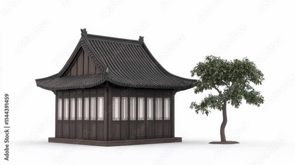 Fototapeta premium A traditional Asian-style wooden structure with a sloped roof, accompanied by a small tree, creating a serene and harmonious outdoor setting.