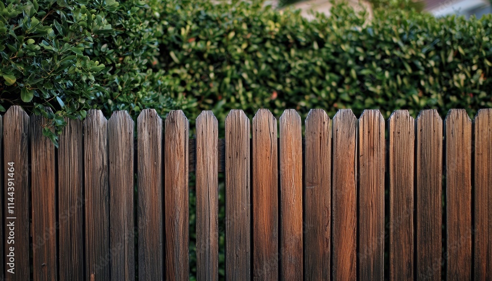 Weathered Wooden Fence With Lush Green Hedge Weathered Wooden Fence With Lush Green Hedge