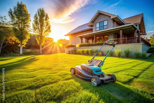 Modern Electric Lawn Mower Drone Photo - Backyard, Green Grass, House, Sustainable Gardening photo