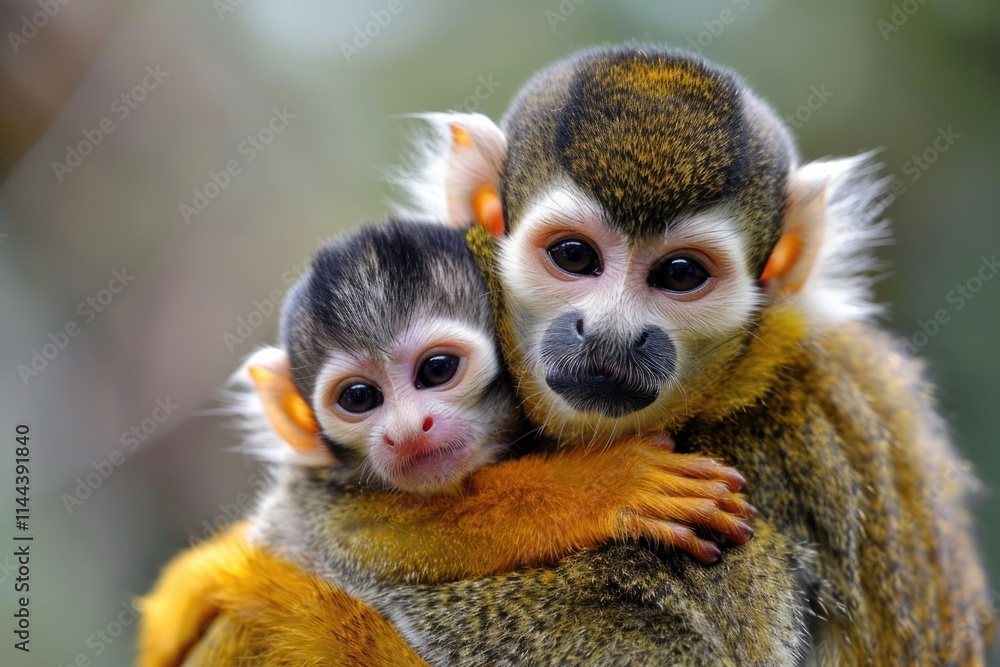 Monkies. Funny and Adorable Baby Squirrel Monkey with Mother in a Tiny and Cute Family Moment Monkies. Funny and Adorable Baby Squirrel Monkey with Mother in a Tiny and Cute Family Moment