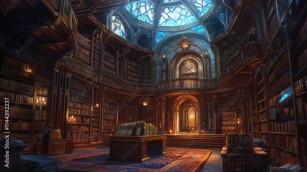 Fototapeta premium Majestic Grand Library with Stained Glass and Warm Lighting
