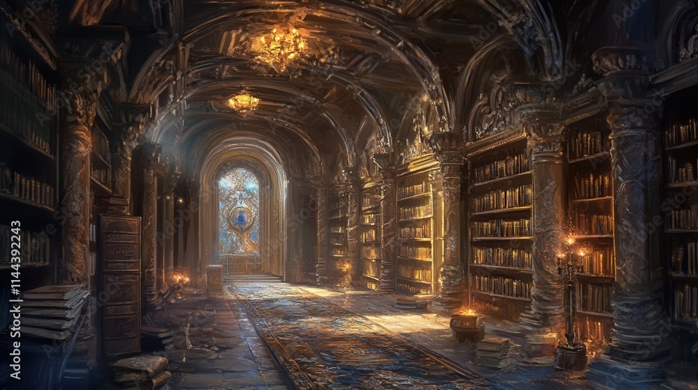Fototapeta premium Enchanted Library Interior with Warm Light and Ancient Books