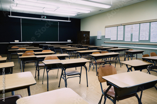 Classroom setup with empty desks and chairs during daytime in an educational environment