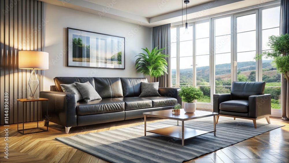 Modern Living Room Design: Black Leather Sofa, Grey Rug, Large Window - High-Resolution Interior Photography Modern Living Room Design: Black Leather Sofa, Grey Rug, Large Window - High-Resolution Interior Photography