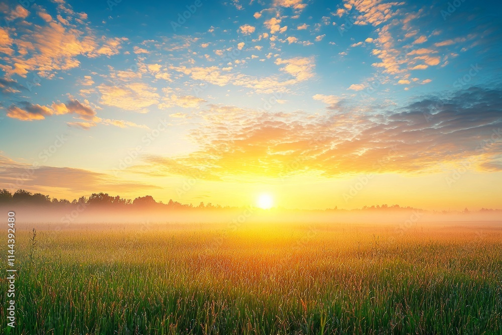 Obraz premium In the early summer morning, a path winds through a foggy field of diverse blooming wildflowers, while the sun rises above the horizon in the mist.