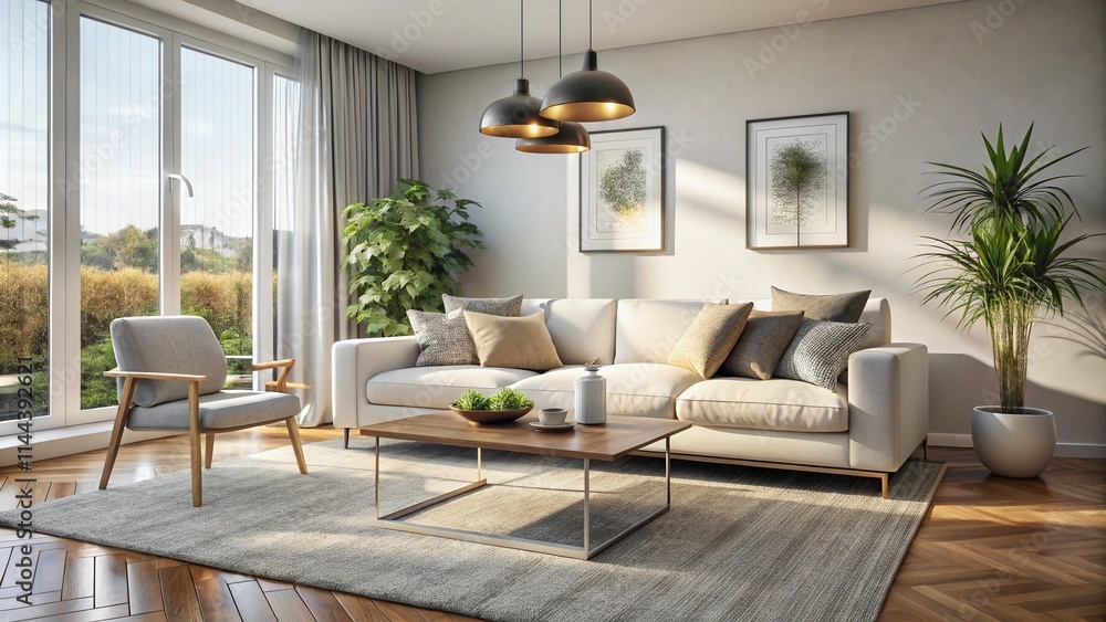 Modern Living Room Interior Design: White Couch, Grey Rug, Coffee Table - Stylish Home Decor Photo Modern Living Room Interior Design: White Couch, Grey Rug, Coffee Table - Stylish Home Decor Photo