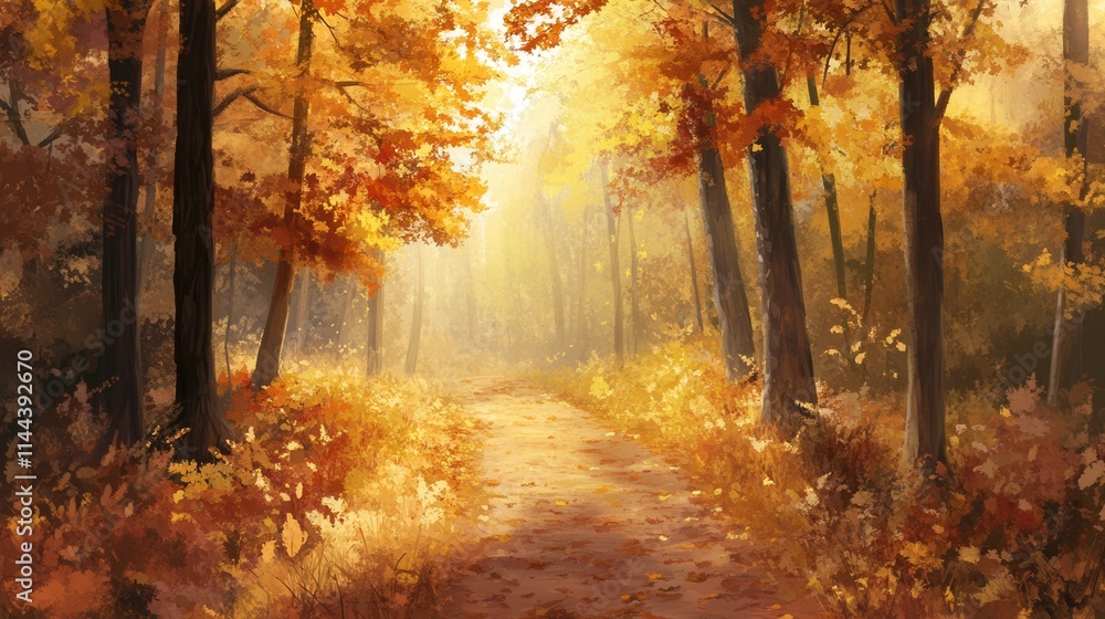 Obraz premium Serene Autumn Pathway Through a Colorful Forest Landscape