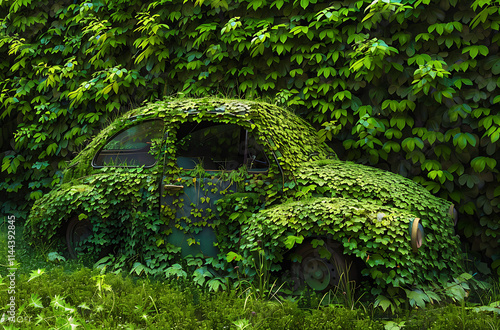 Eco-friendly car covered in green plants, ideal for showcasing sustainable and environmentally-conscious automotive designs. photo