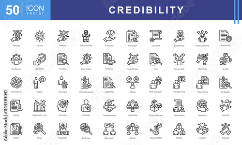 Credibility icon collection set. Containing trustworthiness, reliability, authenticity, integrity, honesty, dependability, accountability icon.