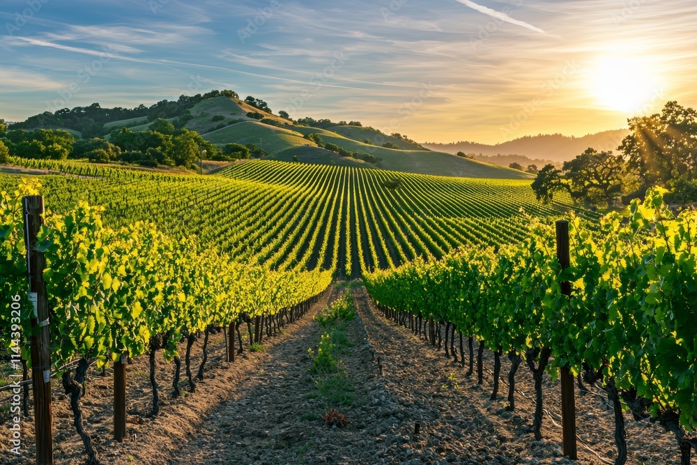 As the sun sets, it casts its rays over a vineyard in Temecula, California. As the sun sets, it casts its rays over a vineyard in Temecula, California.