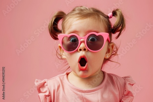 Toddler girl in heart sunglasses makes funny surprised face.