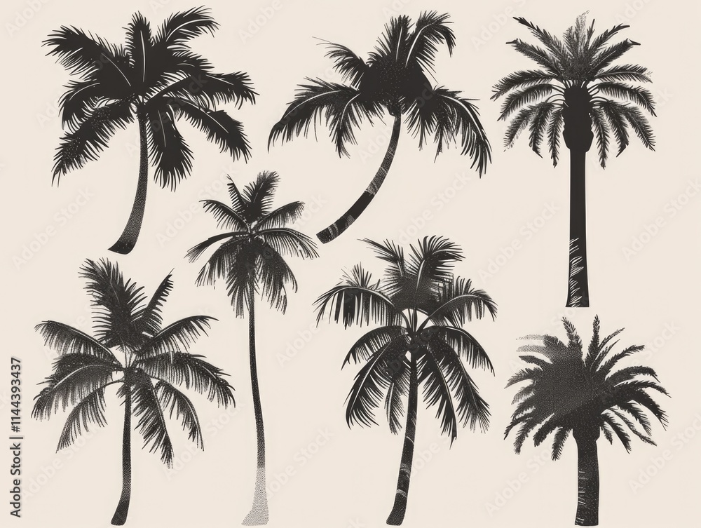 Palm Tree Art. Black Silhouettes of Tropical Palm Trees for Beach Backgrounds Palm Tree Art. Black Silhouettes of Tropical Palm Trees for Beach Backgrounds
