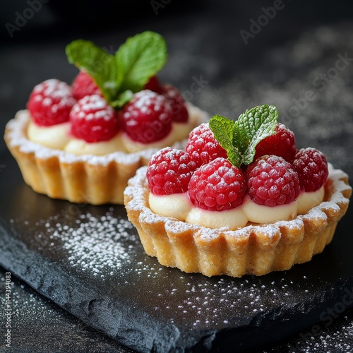 Fresh raspberry tarts with cream on a dark slate surface decorated with powde...