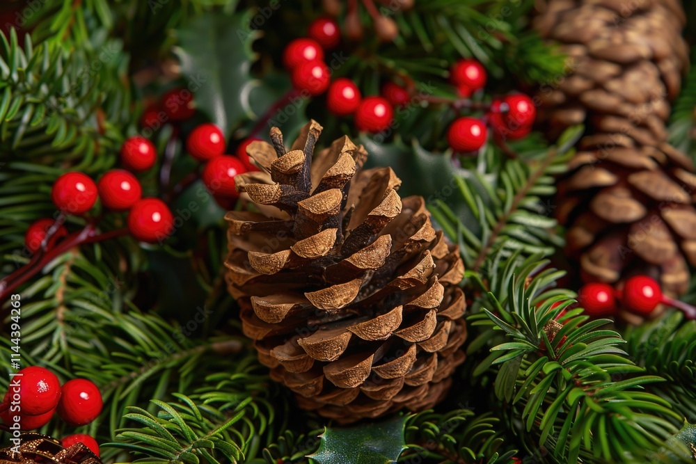 Pine Cone Christmas. Festive Decoration with Holly and Tree Branch in December Pine Cone Christmas. Festive Decoration with Holly and Tree Branch in December