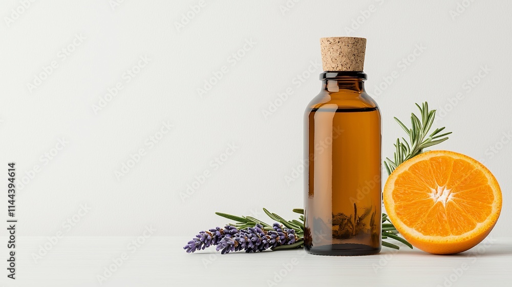 Amber bottle of essential oil with orange and lavender. Amber bottle of essential oil with orange and lavender.
