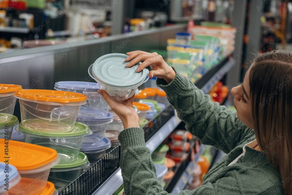 Food trays. Woman is in the hardware store, shopping conception Food trays. Woman is in the hardware store, shopping conception