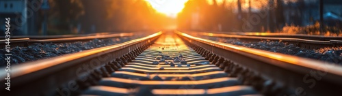 Golden sunset illuminates quiet railway tracks in a serene landscape surround...