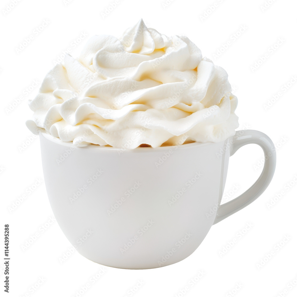 A white ceramic cup filled with swirled whipped cream, isolated on a white background.
A white ceramic cup filled with swirled whipped cream, isolated on a white background.