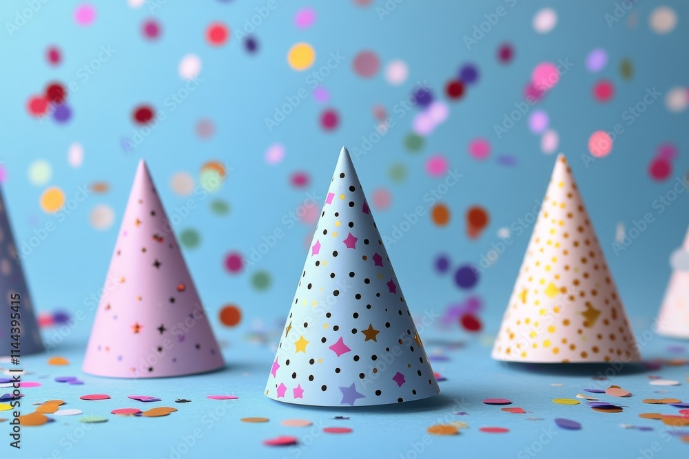 Celebration hats and colorful confetti arranged on a bright blue background for a festive occasion Celebration hats and colorful confetti arranged on a bright blue background for a festive occasion