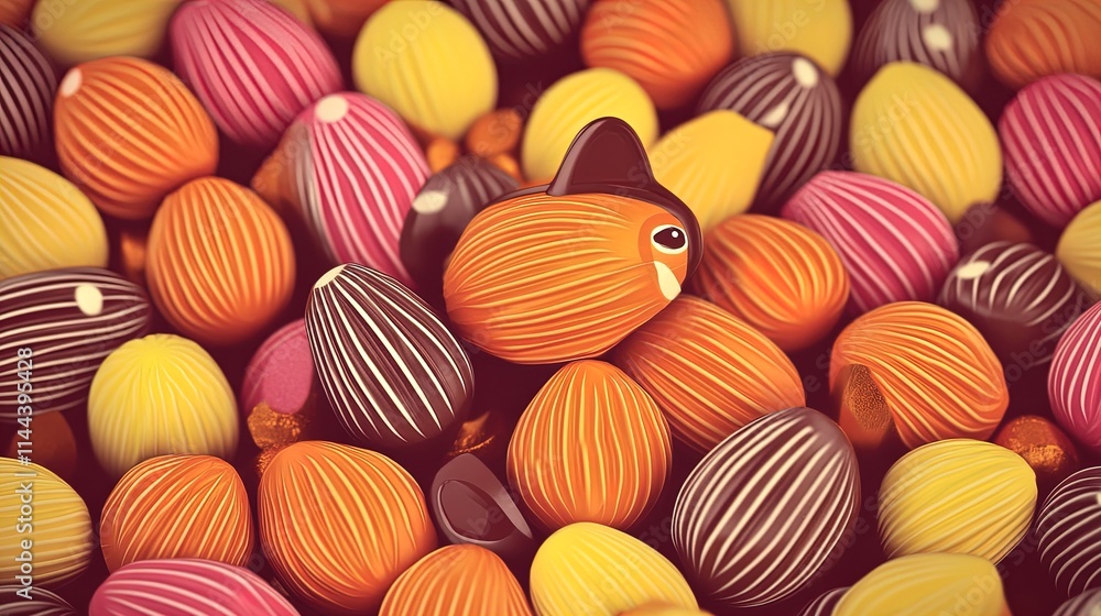 delightful close-up of foil-wrapped chocolate easter bunnies and candy eggs – perfect for festive posters and springtime decor in your home or seasonal events! delightful close-up of foil-wrapped chocolate easter bunnies and candy eggs – perfect for festive posters and springtime decor in your home or seasonal events!