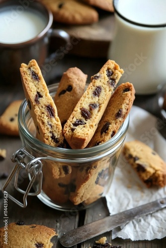 Homemade biscotti with raisins served in a glass jar alongside a cup of milk ...